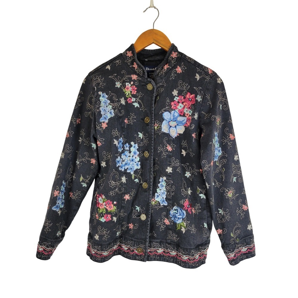 Vintage Denim & Co‎ Embroidered Jacket Black Floral Size Extra Small